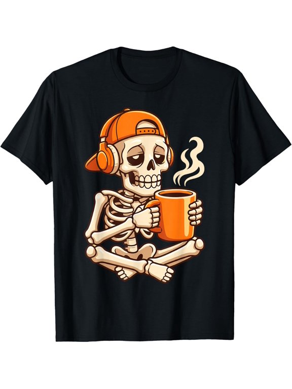 Skeleton Drinking Coffee Funny Caffeine Addict Morning T-Shirt- Classic Holiday Bestsellers Halloween cotton shirt Unisex 100% Cotton T-Shirt Everyday Wear Affordable t shirts S - 3XL