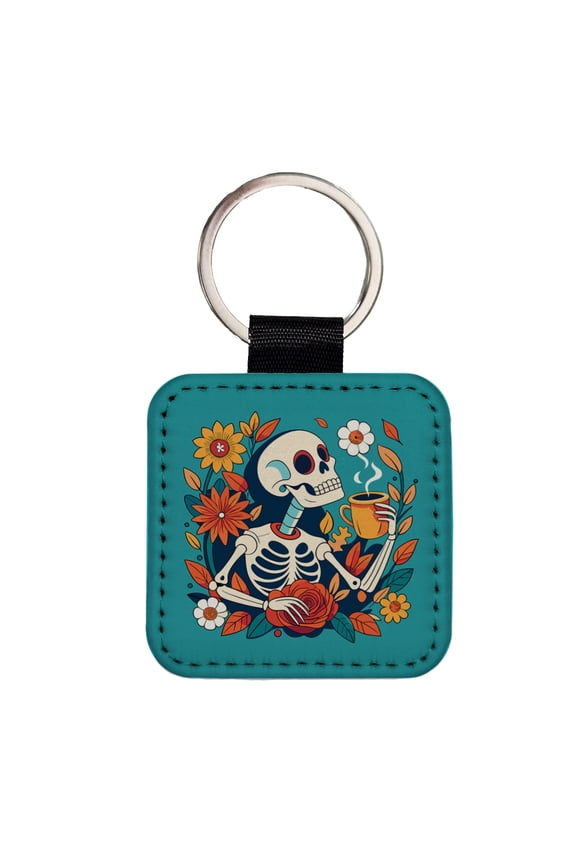 Skeleton Drinking Coffee Funny Floral Flowers Faux Leather Square Keychain