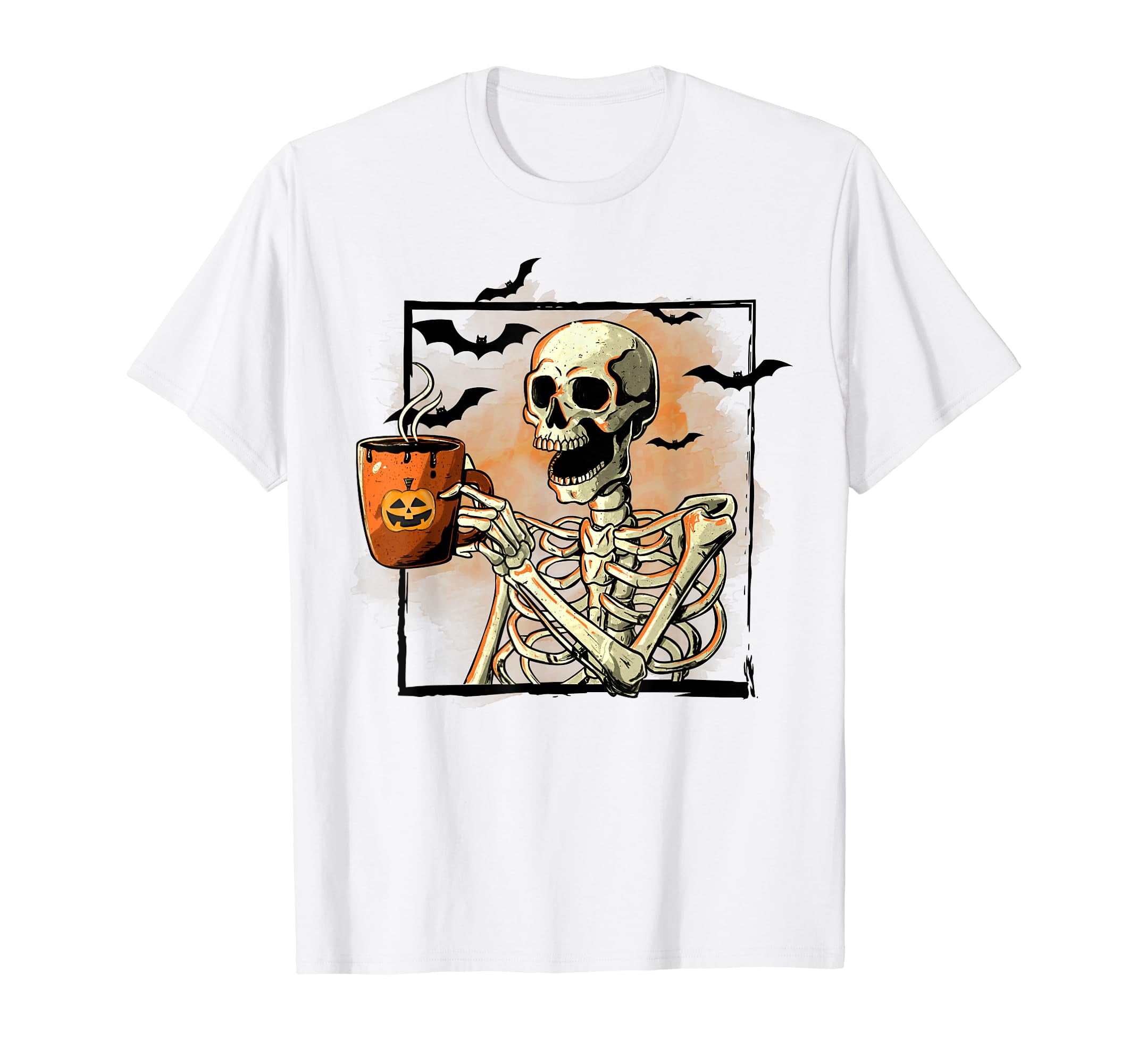 Skeleton Drinking Coffee Funny Skull Halloween Costume White TShirt