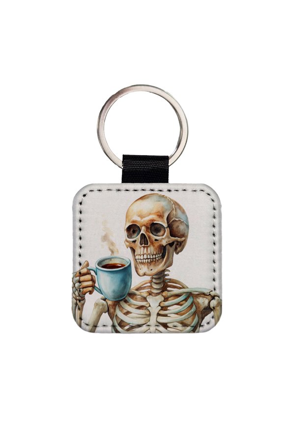 Skeleton Drinking Coffee Watercolor Faux Leather Square Keychain