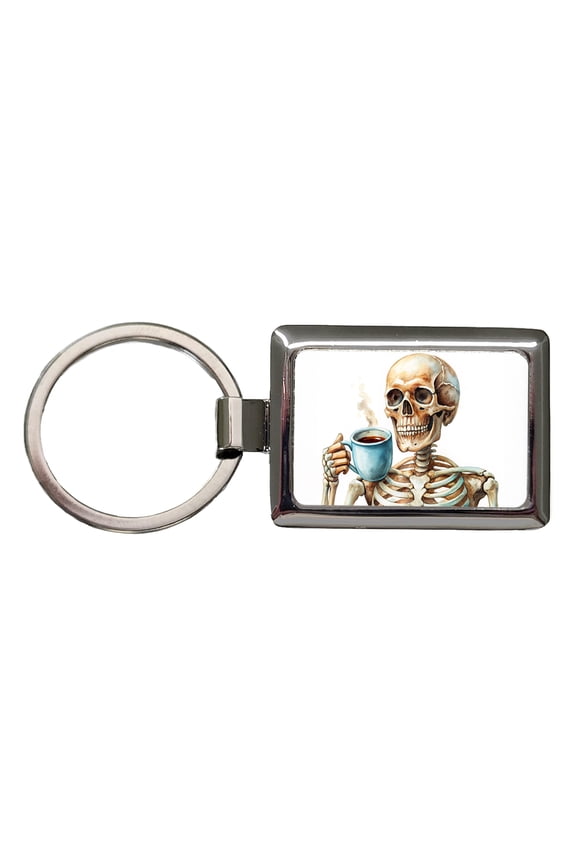 Skeleton Drinking Coffee Watercolor Metal Rectangle Keychain