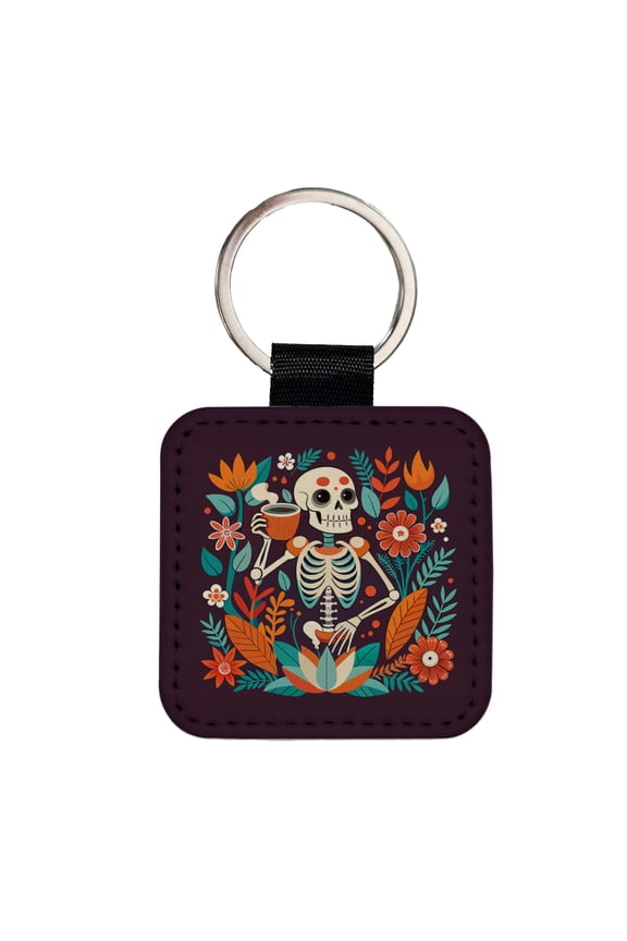 Skeleton Drinking Tea Funny Floral Flowers Faux Leather Square Keychain