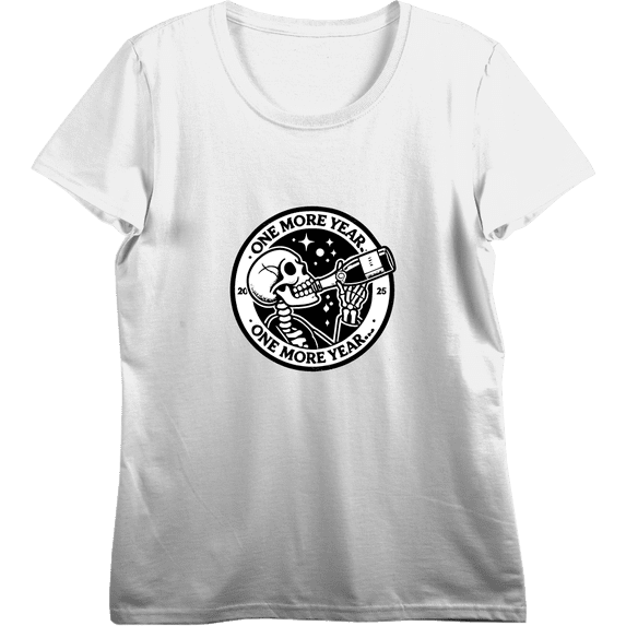Skeleton Drinking Wine One More Year Women's Vivid White Crew Neck Short Sleeve Crop Tee-Medium