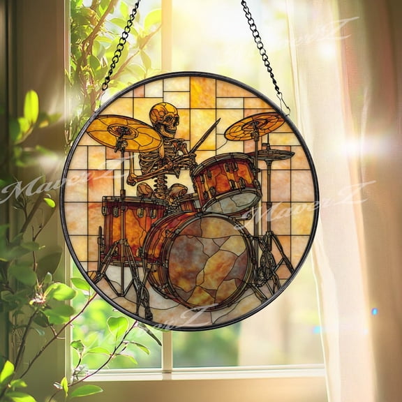 Skeleton Drummer Glass Suncatcher, Round Musician Window Panel, Gothic Rock, 3.5 in