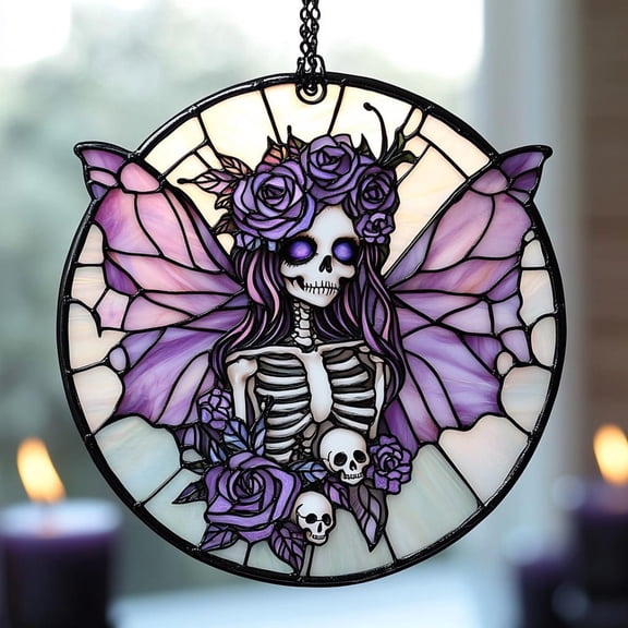 Skeleton Fairy With Purple Roses Acrylic Faux Stained Glass Suncatcher Window Hanging - Gothic Decor - Spooky Gift For Halloween Lovers