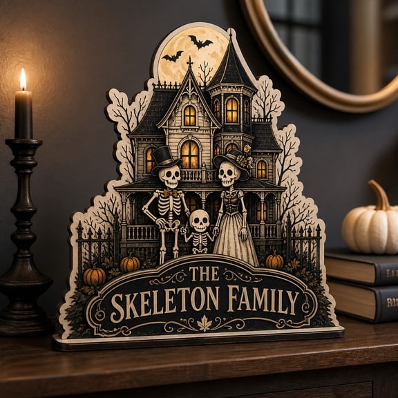 Skeleton Family Haunted House Wooden Block 3 Layer for Halloween