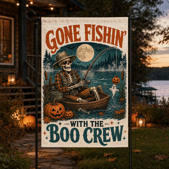 Skeleton Fishing Garden Flag, Halloween Yard Decor for Lake Cabin & Boo Crew