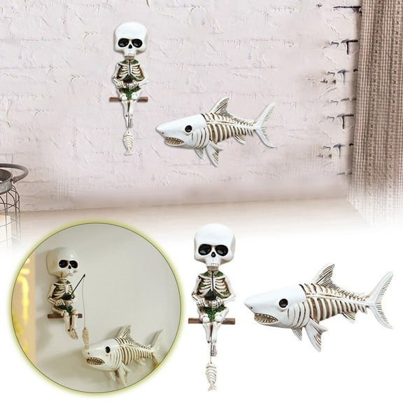 Skeleton Fishing Halloween Decoration Mini Cute Skeleton Decor Skull Fish Tank Decorations Garden Pond Accessories Skeleton Figurines Indoor Computer Bookshelf