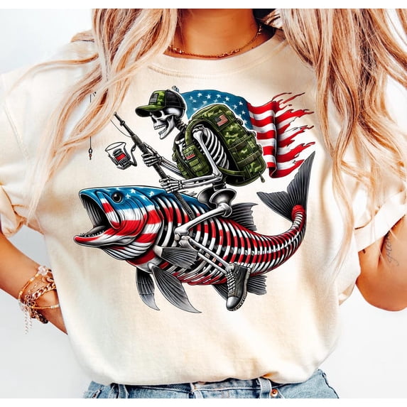 Skeleton Fishing T-Shirt– Patriotic Fisherman Tee with American Flag Fish, Veteran Humor and Military Style