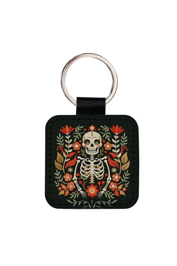 Skeleton Floral Flowers Faux Leather Square Keychain