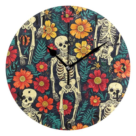 Skeleton Floral Flowers Leaves Black 10 inch Wall Clocks Non Ticking Easy to Read Battery Decorative for Home Bathroom Kitchen Bedroom Living Room