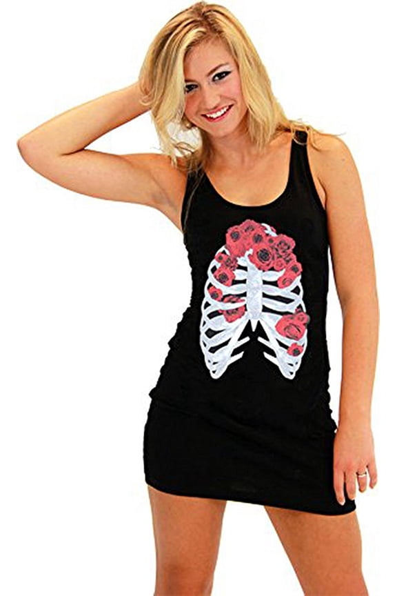 Skeleton Flower Juniors Costume Black Tank Dress