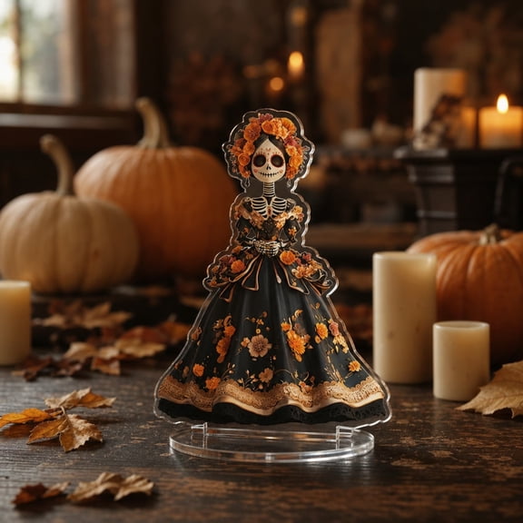 Skeleton Flower Skirt Girl Desktop Stand Ornament, Cute Acrylic Tabletop Decoration Sign, Creative Decorative Standee for Home Office Desk Shelf Bedroom Living Room Party Decoration, Black