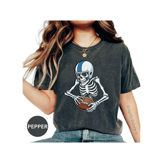 Skeleton Football Player T-Shirt, Skull Holding Football Graphic Tee, Perfect Gift for Sports Fans, Funny Halloween Shirt