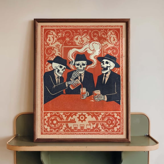 Skeleton Gangster Mexican Print Gothic Noir Bar Art Speakeasy Poster