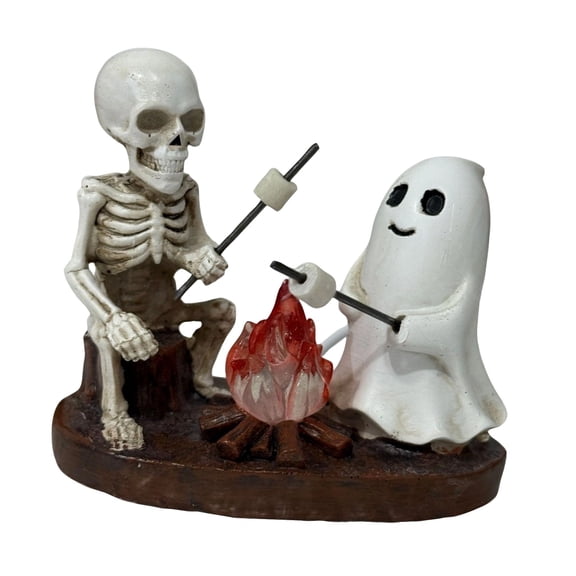 Skeleton and Ghost Bonfire Night Lamp, Roasting at Faux Campfire, Halloween Ghost Campfire Flickering Nightlight, Spooky Home Decor, Ambient Lamp Halloween Decoration