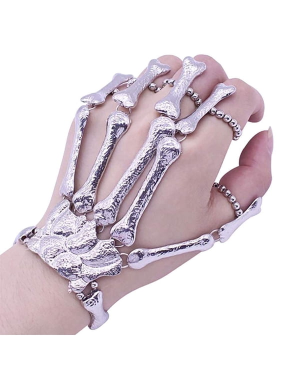 Skeleton Gloves, Skeleton Hand Bracelet, Skull Glove Decoration, Metal Skeleton Hand Bracelet with Ring for Women and Men on Party Wristband Skull Fingers, Silver