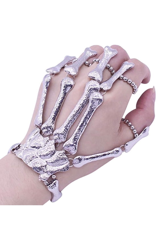 Skeleton Gloves, Skeleton Hand Bracelet, Skull Glove Decoration, Metal Skeleton Hand Bracelet with Ring for Women and Men on Party Wristband Skull Fingers, Silver