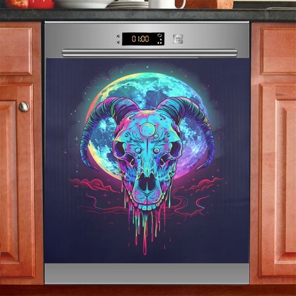 Skeleton Goat Moon Dishwasher Magnetic Refrigerator Magnet Cover Kitchen Art Panel Decal Sticker Home Decorative 23"x26"