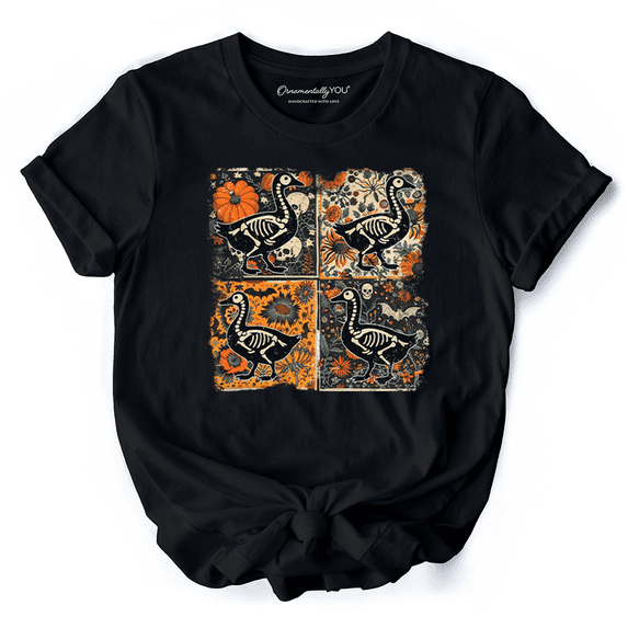 Skeleton Goose Patchwork T-Shirt, Floral Halloween Tee for The Spooky Season