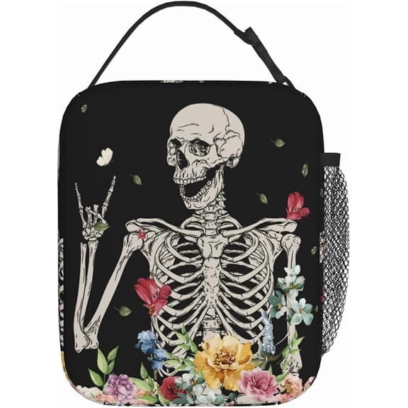 Skeleton Gothic Hippie Halloween Terror Rock Roll Flower Insulated Lunch Box for Women Men, Portable Lunch Bag Reusable Cooler Tote for Office Work Travel Picnic Camping Beach