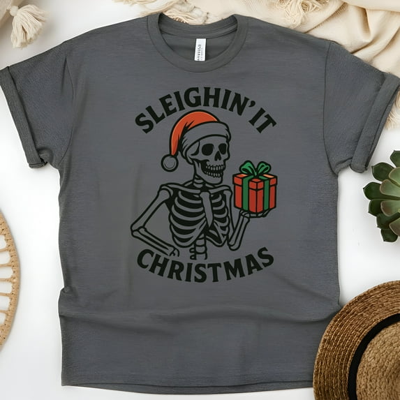 Skeleton Graphic Tee | Funny Sleighin’ It Gift Shirt | Unisex Casual T-Shirt, Dark Heather, Size M