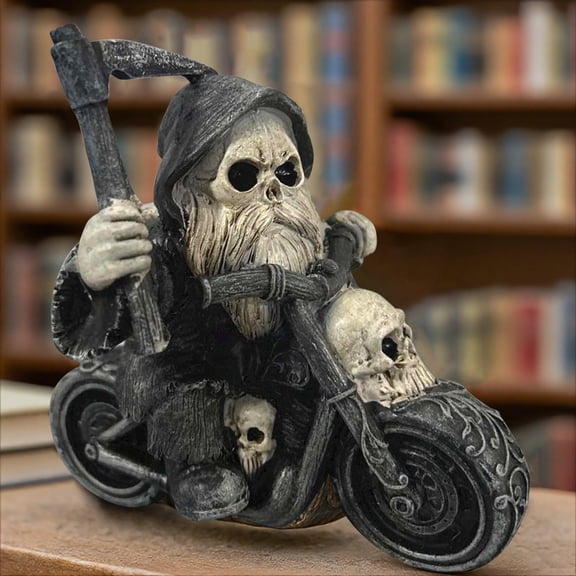 Skeleton Grim Reaper Riding Motorcycle Biker Figurine Edgy Collectible Statue Depicting Death Rider For Gothic Themed Displays