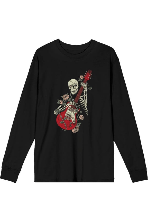 Skeleton Guitar Edgy Music Rose Adult Black Crew Neck Long Sleeve Tee-3XL