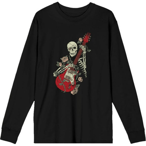 Skeleton Guitar Edgy Music Rose Adult Black Crew Neck Long Sleeve Tee-Medium