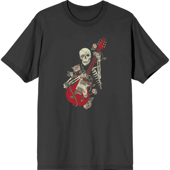 Skeleton Guitar Edgy Music Rose Adult Charcoal Crew Neck Short Sleeve Tee-Medium