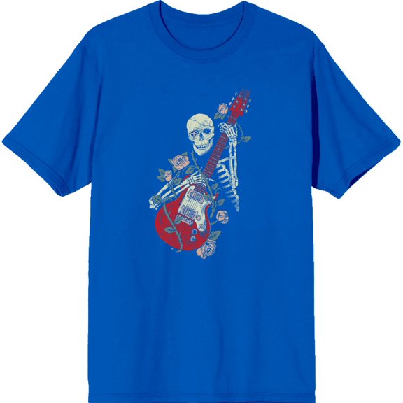 Skeleton Guitar Edgy Music Rose Adult Royal Blue Crew Neck Short Sleeve Tee-3XL
