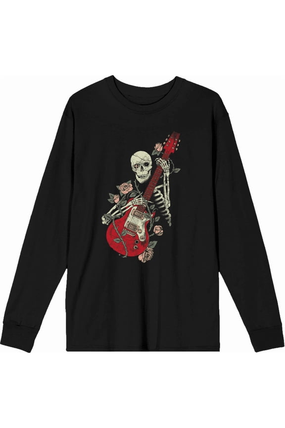 Skeleton Guitarist Adult Black Crew Neck Long Sleeve Tee-XXL