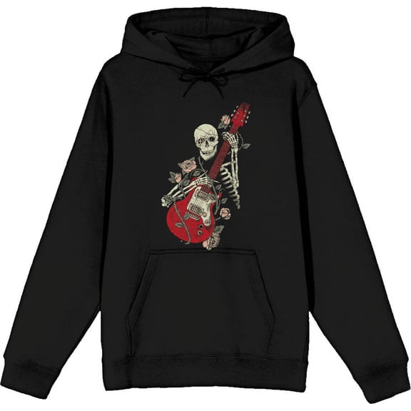 Skeleton Guitarist Adult Black Long Sleeve Hoodie-Medium