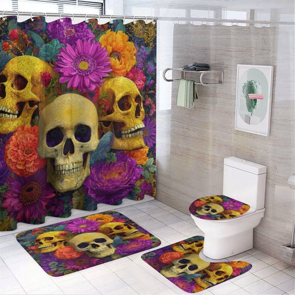 Skeleton Halloween 4 Piece Shower Curtain Sets Shower Curtain Set with Curtain Rug Toilet Cover And U Shaped Mat Halloween Floral Skull Durable And Waterproof for Bathtub Decor