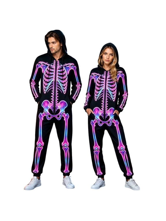 Skeleton Halloween Costume Jumpsuit for Women Men Adults, Unisex Onesie Pajamas Cosplay Party, Cozy One Piece Outfit