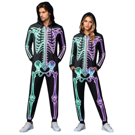 Skeleton Halloween Costume Jumpsuit for Women Men Adults, Unisex Onesie Pajamas Cosplay Party, Cozy One Piece Outfit