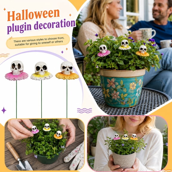 Skeleton Halloween Decor, Dia de Los Muertos Decorations, Garden Plant Stakes, Outdoor Garden Decor, 3 Set Pastel Skull Head Flower Stakes for Patio Plant Pot Ground Halloween