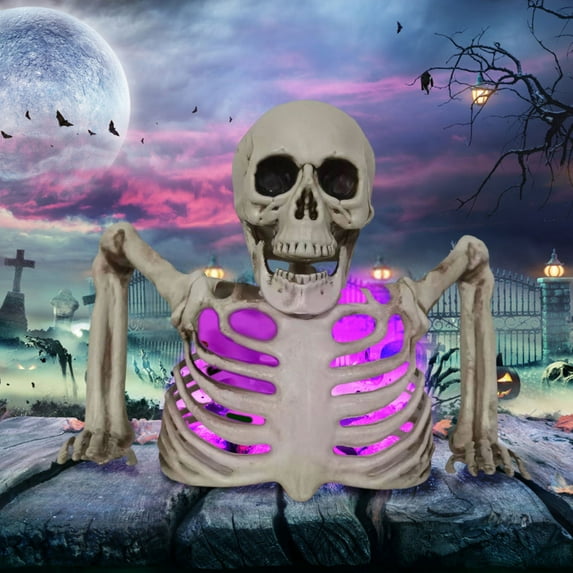 Skeleton Halloween Decorations Indoor with Colorful Lights Scary Skull Tabletop Decor for Halloween Party Home Haunted House Yard Outdoor Fall Decorating Supplies 7.5x9.8 Inch Battery Operated