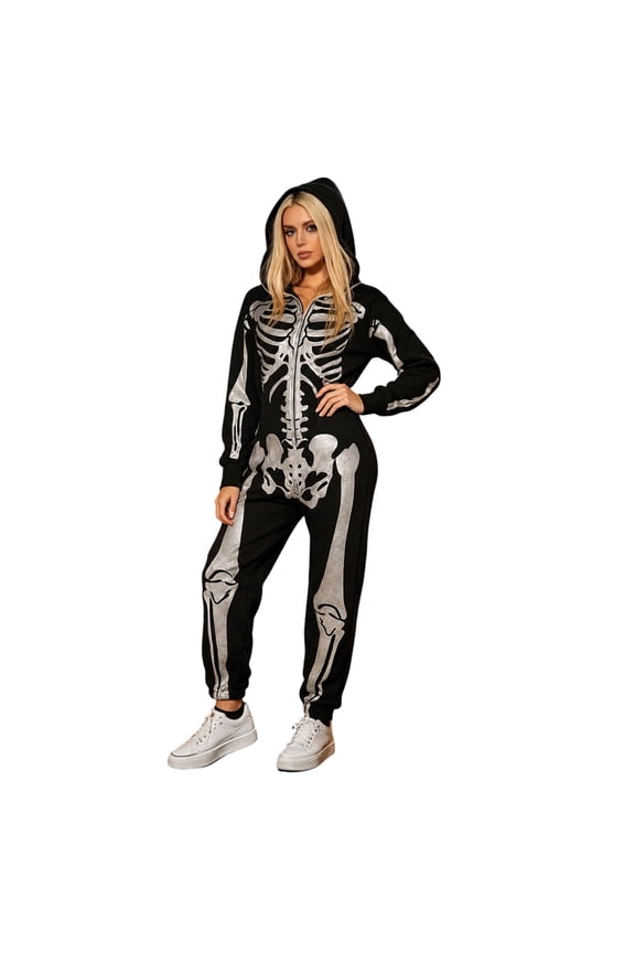 Skeleton Halloween Jumpsuit Costume for Men's, Gold bone-printed skeleton, Stretchy Spandex Blend, Sizes S–XXL