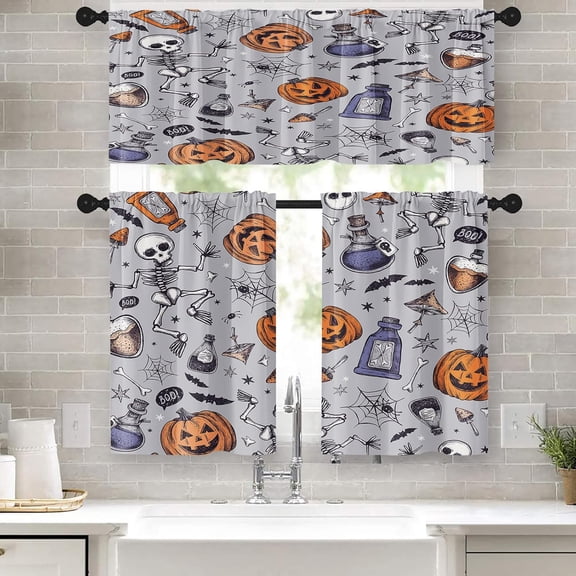 Skeleton Halloween Kitchen Curtains Pumpkin Window Curtains Valance and Tier Set 36 Inch, Bones Rod Pocket Short Tier Curtain for Room, Spider Small Cafe Kitchen Decor