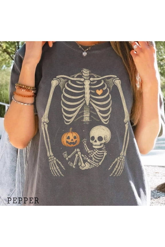 Skeleton Halloween Maternity Shirt, Spooky Pregnancy Announcement, Fall Pregnant Costume, Funny Mom To Be T-Shirt, Baby Reveal Gift