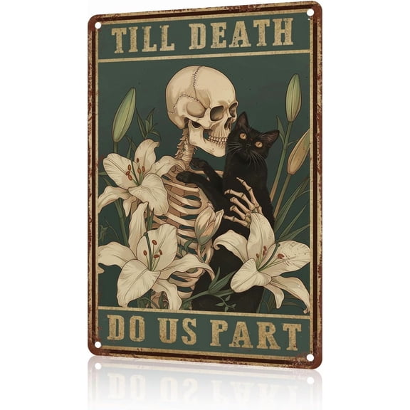 Skeleton Halloween Vintage Retro Tin Sign Plaques Wall Decor Home Sign Till Death Do Us Part Metal Poster Black Cat Lovers Living Home Decor Living Room Kitchen Bathroom Decoration 8x12 inch
