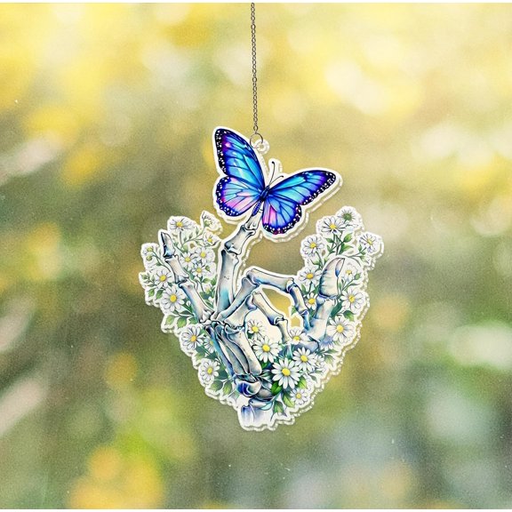 Skeleton Hand Blue Butterfly Acrylic Suncatcher Gothic Floral Window Hanging Memorial Spiritual Gift