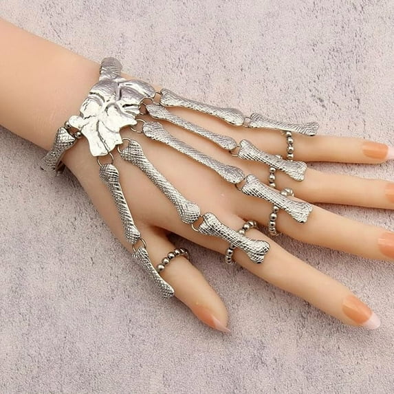 Skeleton Hand Bracelet, Bracelet racelet for Women Men Rock Hand Chain Halloween Costume Accessory Gifts, Flexible to Wear for Your Halloween Cosplay Costume(Silver)