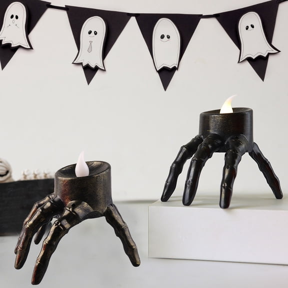 Skeleton Hand Candle, Flameless Halloween Candle, Spooky LED Lamp, Horror Table Decor, 2Pcs Light Ornament for Dining Table Display, Ghost Mansion Desktop, Halloween Party Indoor Atmosphere Lighting