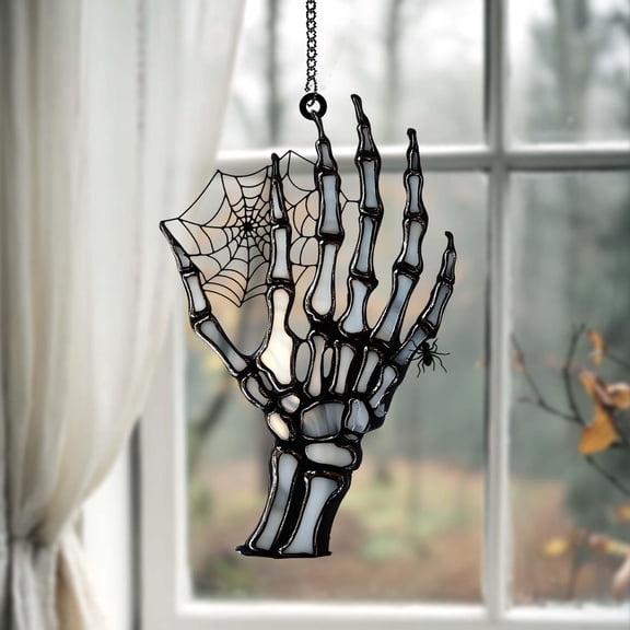 Skeleton Hand Faux Stained Glass Halloween Suncatcher Creepy Bone Palm With Web & Spider For Spooky Gothic Window or Door Dcor Lovers