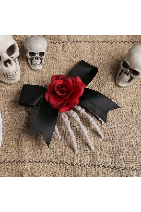 Skeleton Hand Hair Clip with Rose Bow for Halloween Party Accessories, Plastic Material, 15x15cm Size, Gothic Style, Secure Grip Design