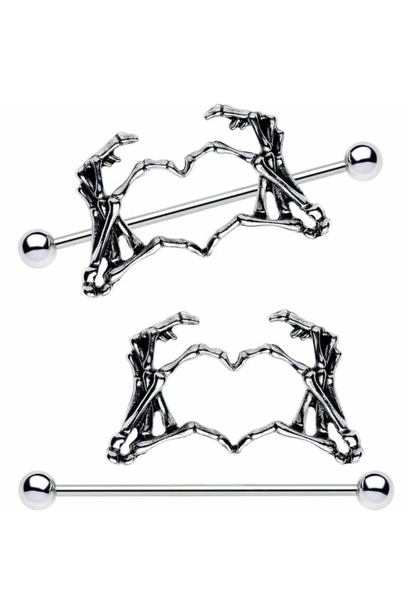 Skeleton Hand Heart Pair Of Nipple Shield long 14 Gauge Barbell 1 1/2"