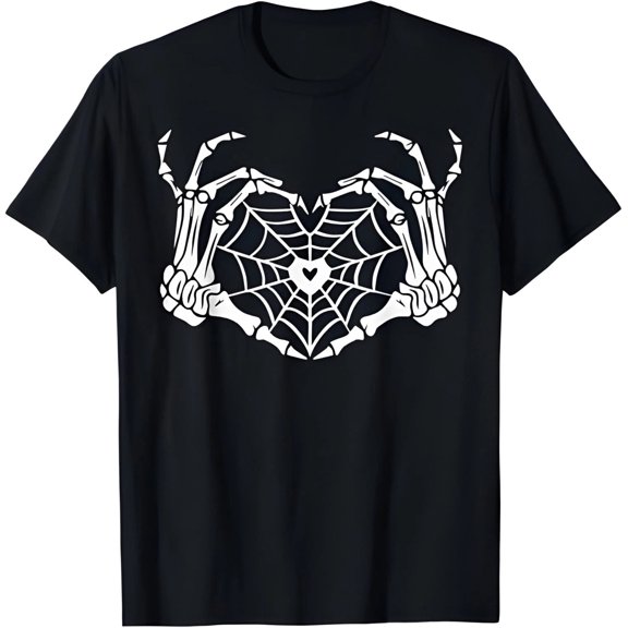 Skeleton Hand Heart Spiderweb Halloween Cobweb Party Costume T-Shirt