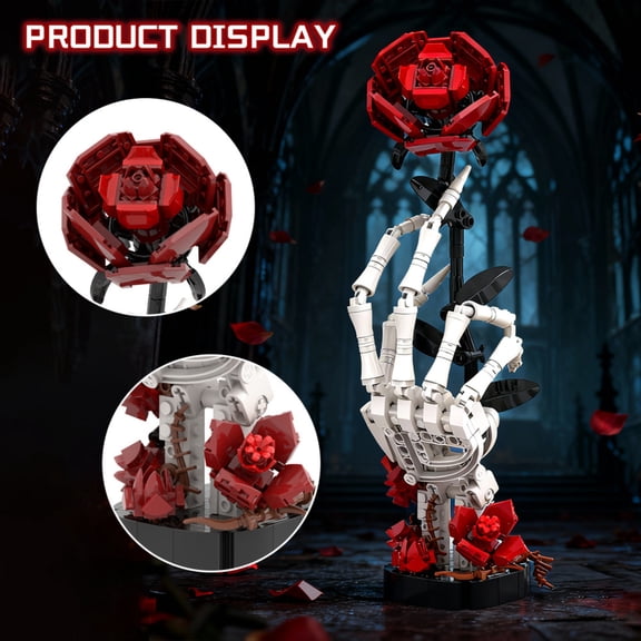 Skeleton Hand Holding Red Rose Building Blocks - Gothic Bricks Set for Adults, Halloween Display & Collectible Decor